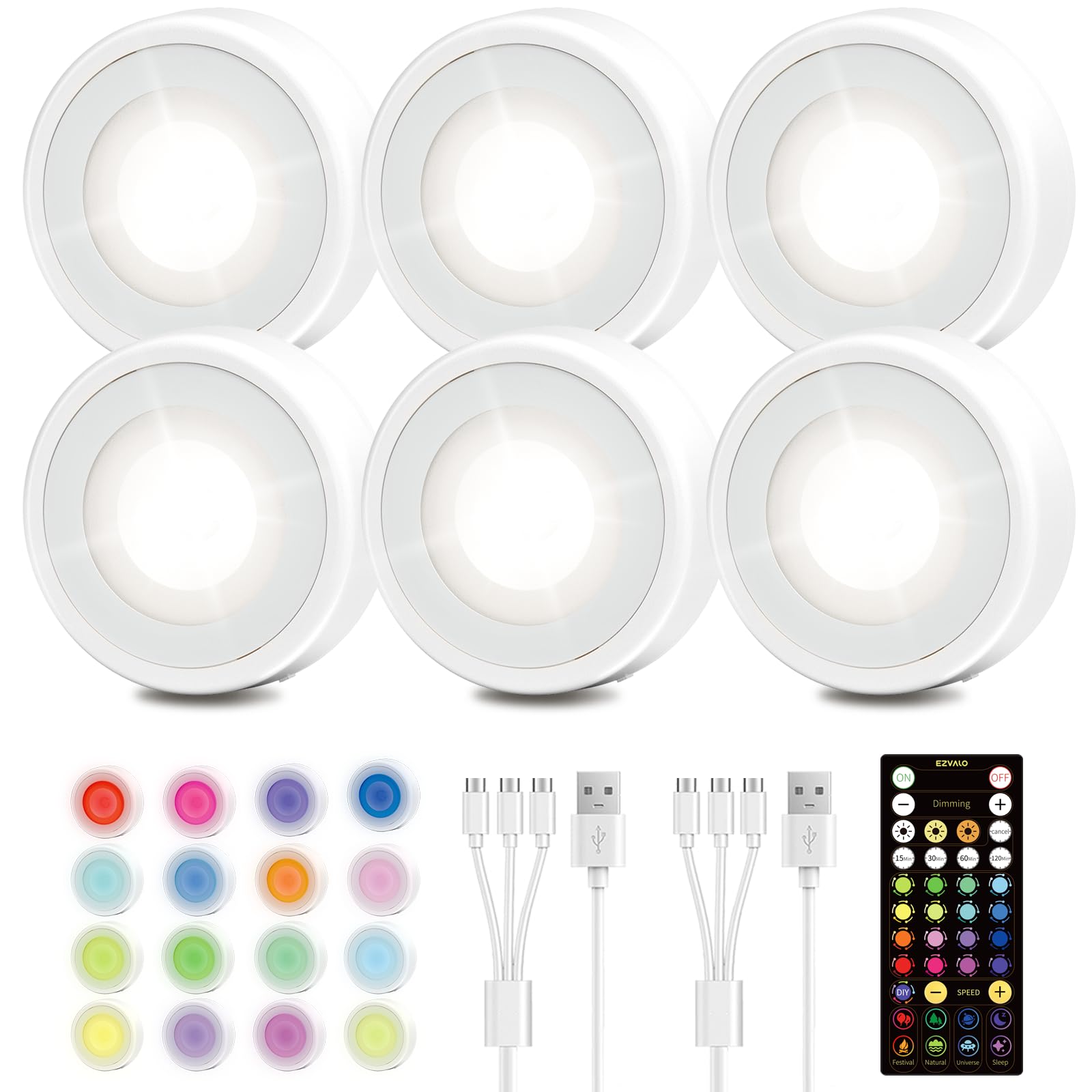 Photo 1 of EZVALO 6-Pack RGB LED Puck Lights, 2.5'' Rechargeable Tap Lights