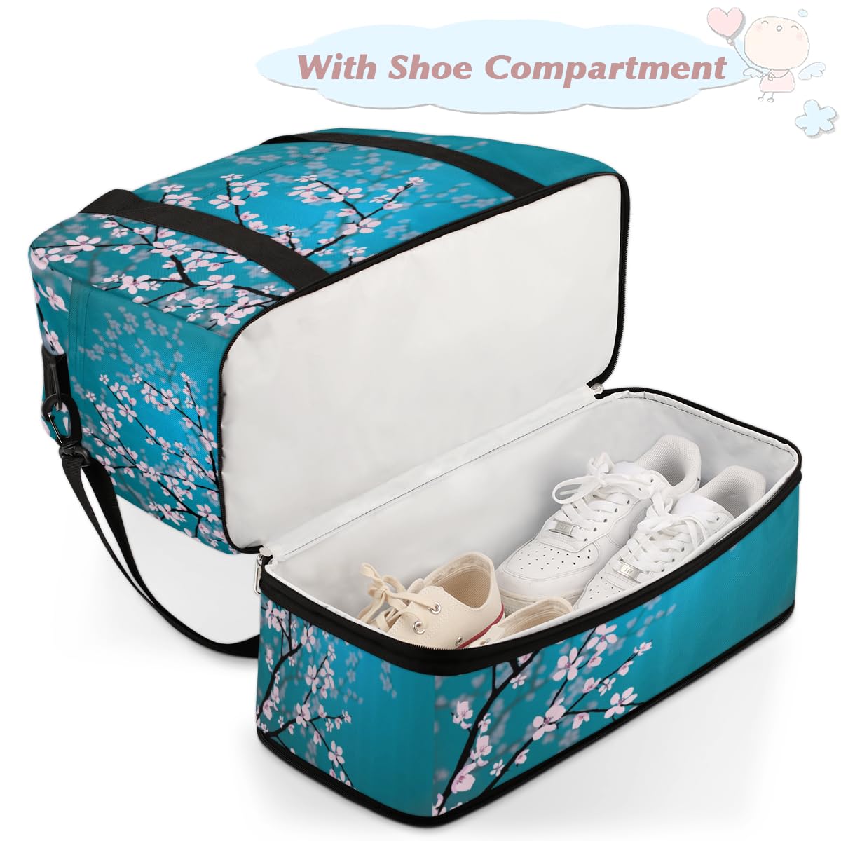 Bolsa de viaje plegable con estampado de flor de cerezo de 47 L, bolsa de fin de semana con funda de carrito de hombro separado para deportes, gimnasio, viajes, multicolor, 47L, Bolsa de viaje