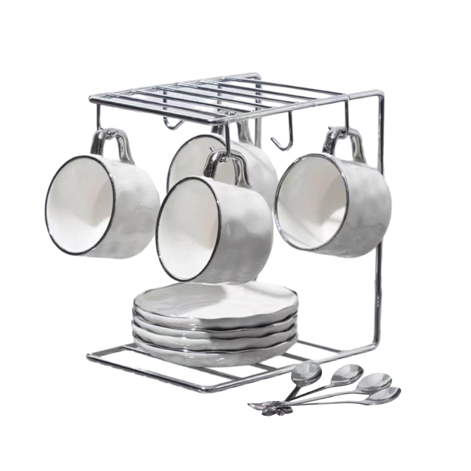 Juego de tazas de café de cerámica de lujo ligero de 230 ml con vajilla de té de la tarde, 4 tazas y platos + juego blanco