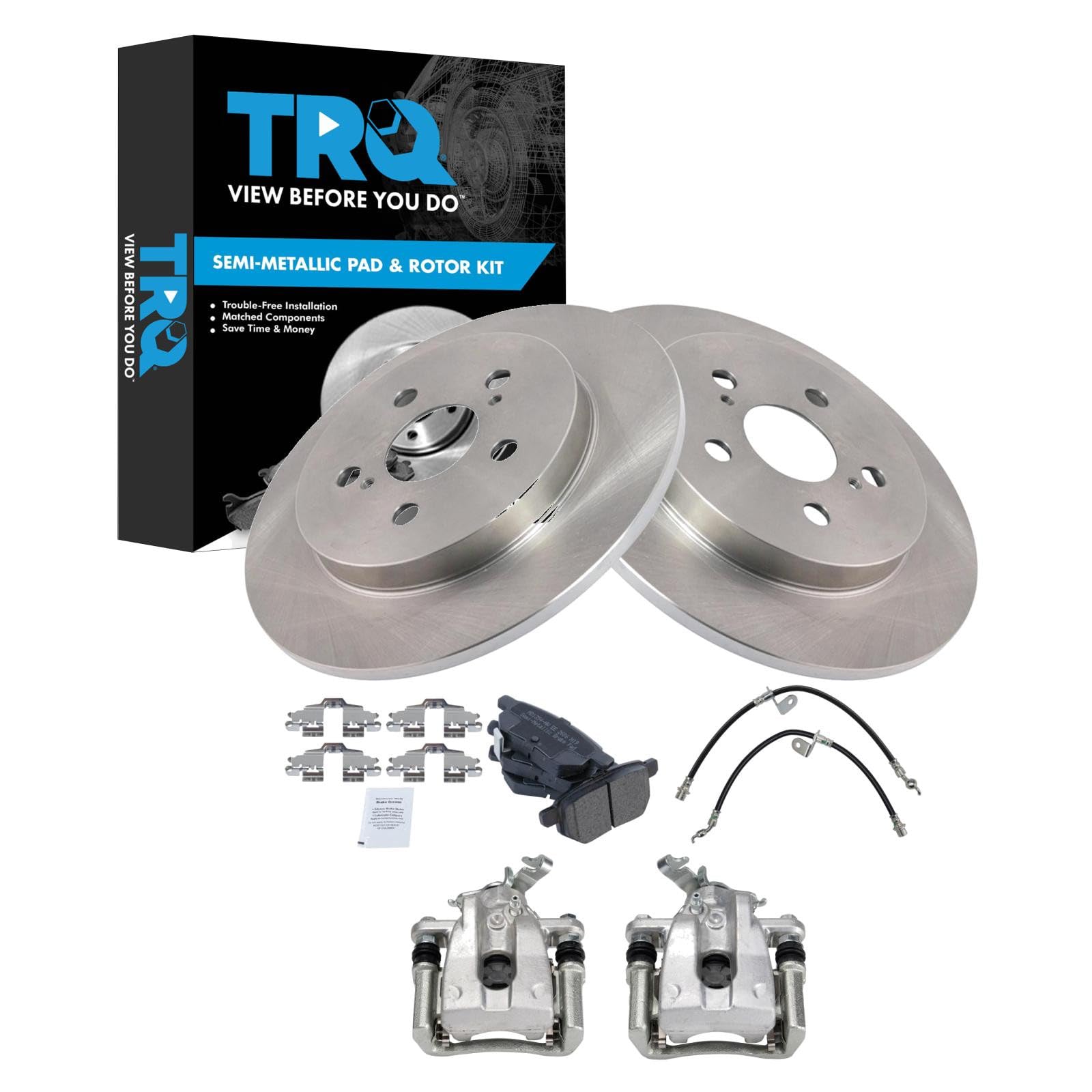 TRQ Rear Brake Pad and Rotor Set Semi Metallic Rotors Calipers Compatible with 2009-2010 Pontiac Vibe 2009-2019 Toyota Corolla 2009-2011 Matrix
