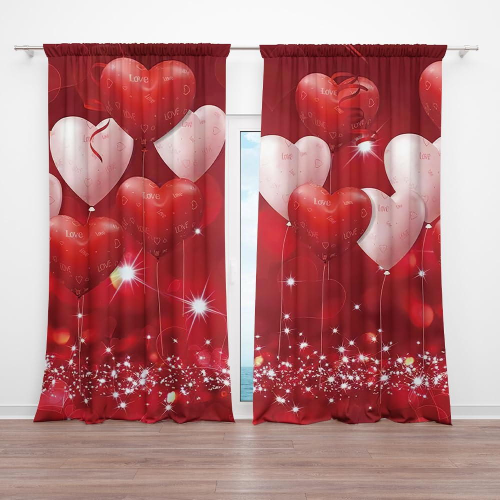 82 x 84 Inches Red Love Balloon Valentine Day Window Curtain Glitter Sweet Art Printing Pattern Girls Room Bedroom Decoration Drapes 2 Panel Polyester
