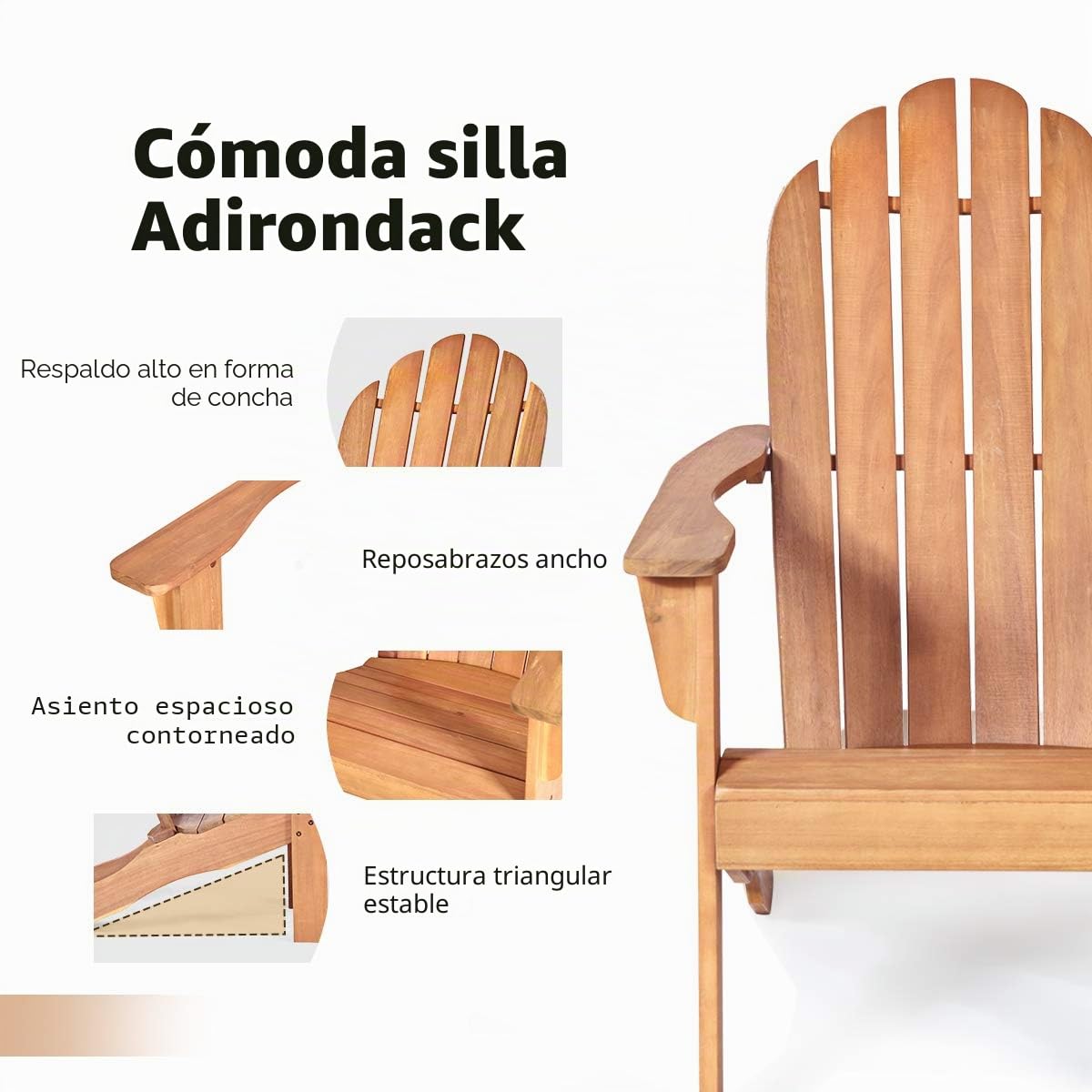 RELAX4LIFE Silla Adirondack de Madera de Acacia con Respaldo Inclinado y Reposabrazos, Silla de Terraza de Estilo Rústico, Tumbona para Balcón, Jardín, Playa, Carga 160kg (Natural)