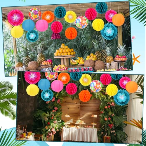 Image of Retisee 18 Pcs Summer Hawaiian Party Decorations Tropical Hibiscus Party Decorations Kit Colorful Hibiscus Flower Paper Lanterns Flower Hanging Paper Fans Luau Honeycomb Ball for Decor Supplies