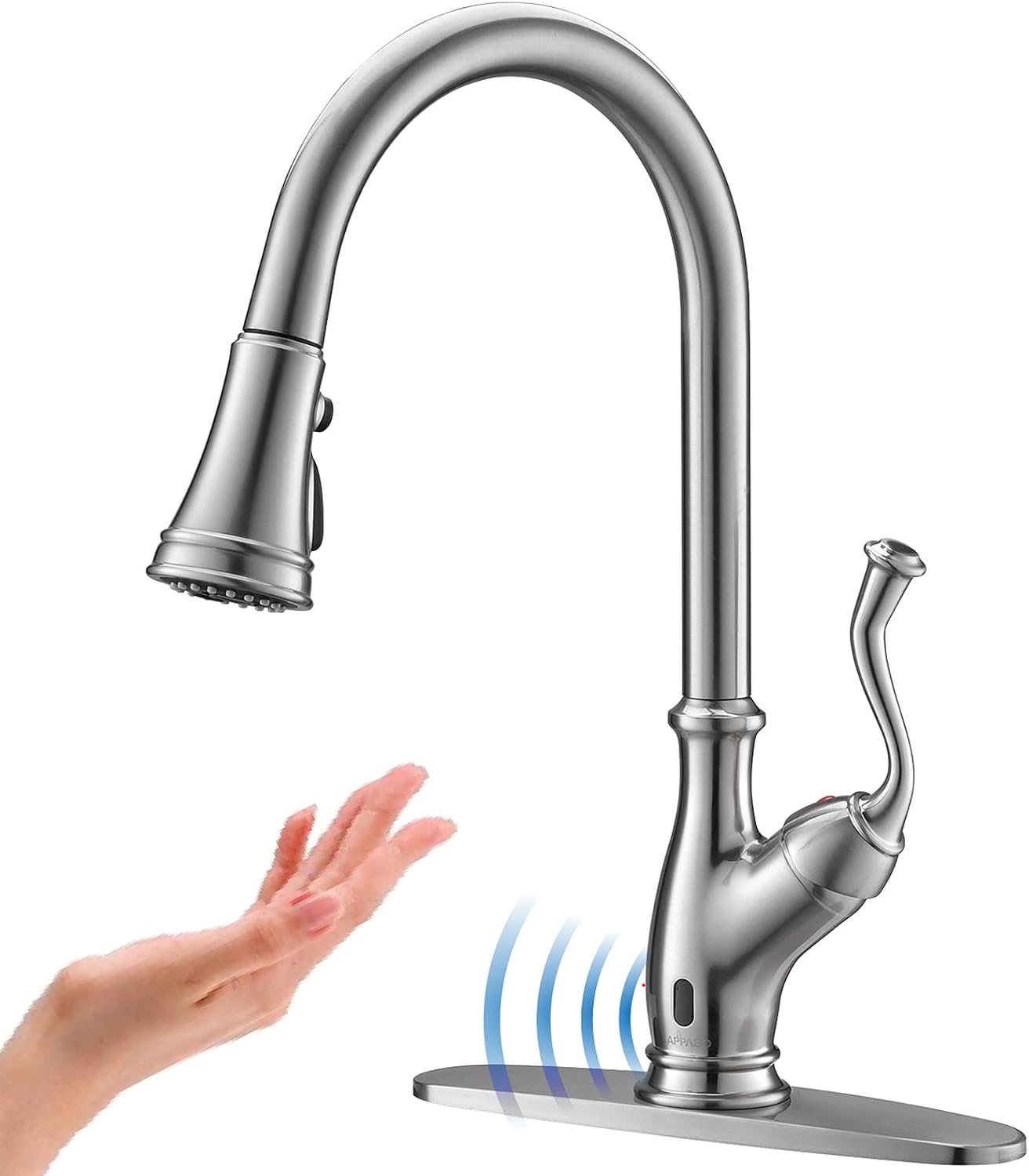 New Deal APPASO Touchless Kitchen Faucet, Motion Sensing Activated Hands-Free Kitchen Faucet with Pull Down Sprayer, Single Handle Smart Hands-free Stainless Steel Brushed Nickel, Easy to Install & Spot Resist