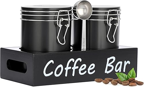 ELLDOO Recipientes de café con estante y cuchara, 2 tarros de almacenamiento de café de metal negro de 23.7 onzas líquidas con tapa hermética,