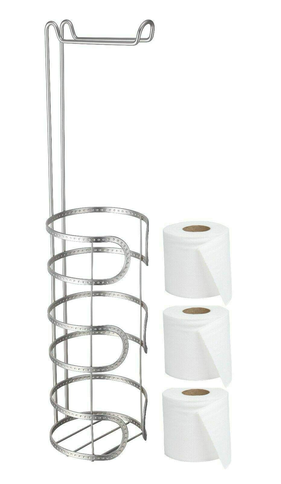 Optimal Products Chrome Tall Free Standing Toilet Paper Holder Stand And Dispenser With Storage For 3 Spare Rolls Of Toilet Tissue While Dispensing 1 Roll (Swirl Toilet Paper Holder )