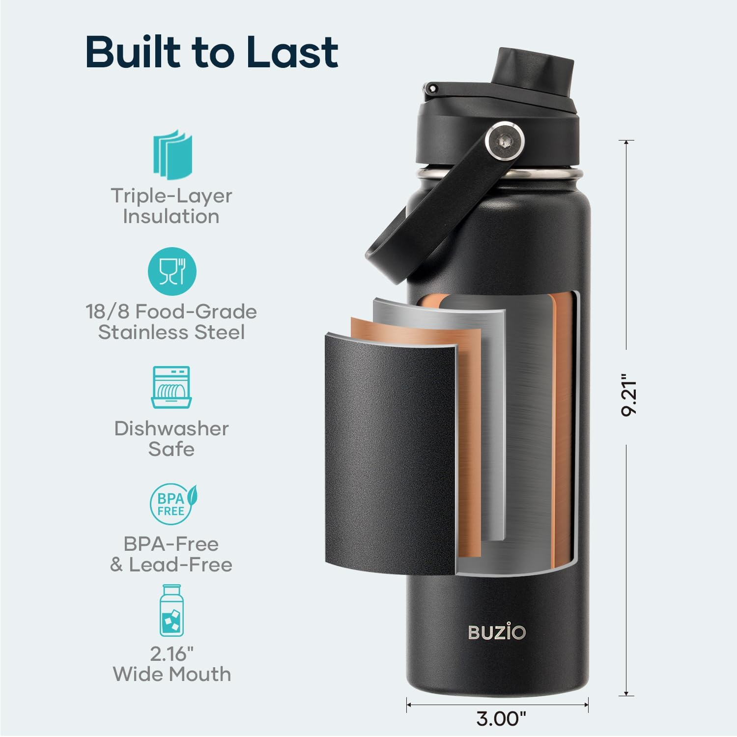 BUZIO 24 oz Insulated Water Bottle, Stainless Steel Wide Mouth Water Flask with Straw Lid, Cold for 48 Hrs Leak Proof Metal Hydro Thermo Canteen Mug, Black - Image 3