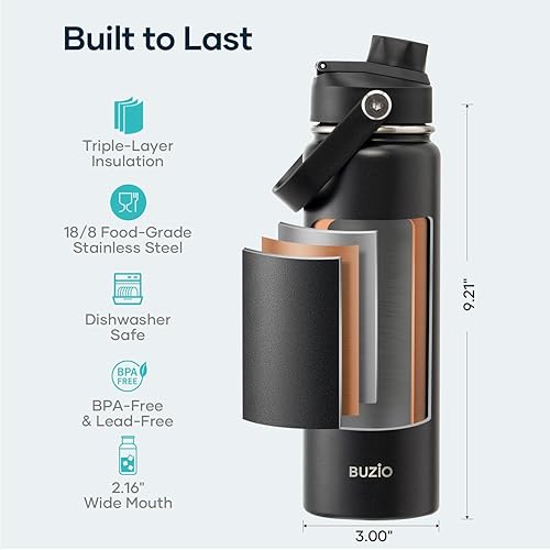Miniatura 3 de BUZIO Botella de agua aislada de 24 oz, frasco de agua de boca ancha de acero inoxidable con tapa de pajita, frío durante 48 horas a prueba de