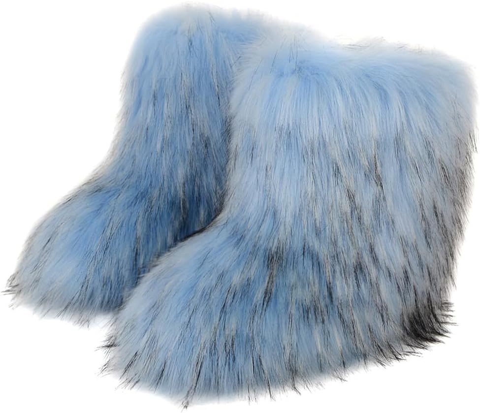 Women’s Faux Fur Boots Mid-calf Furry Snow Boots Flat Fluffy Warm Lined Winter Shoes Outdoor Indoor