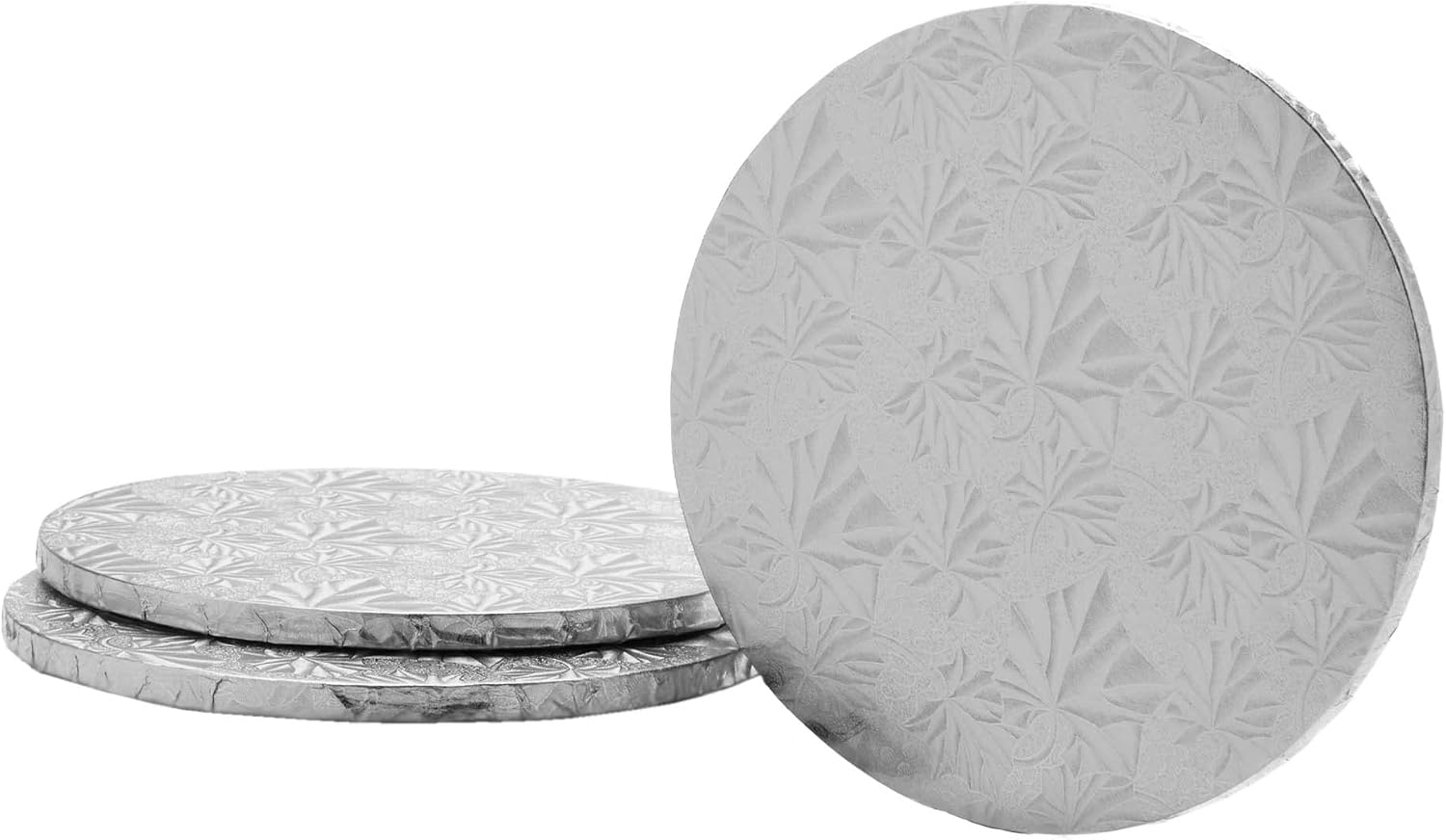Dulcet Delights Round Cake Drum | Decorative Cake Board for Cakes, Desserts, Pizza & More | Food Safe | Grease Proof | Reusable | 20” Diameter x ½” Thick | Silver | Set of 3