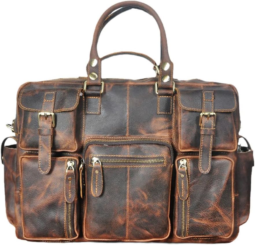 Haitpant Men Real Leather Vintage Large Capacity Travel Briefcase Business 15.6" Laptop Case Attache Messenger Bag