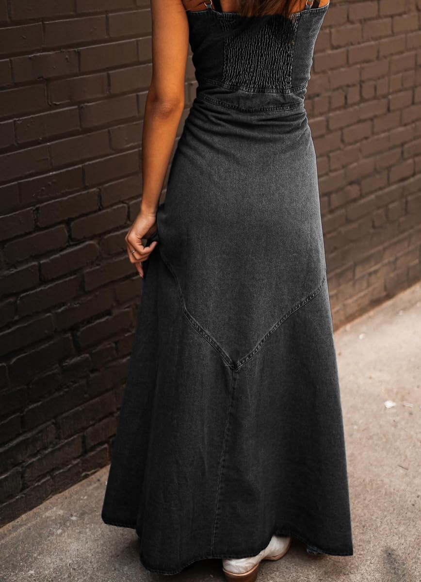 Ru Sweet Women's Spaghetti Strap Smocked Back Denim Dress Button Down A-Line Swing Flowy Maxi Jean Dress - Image 4