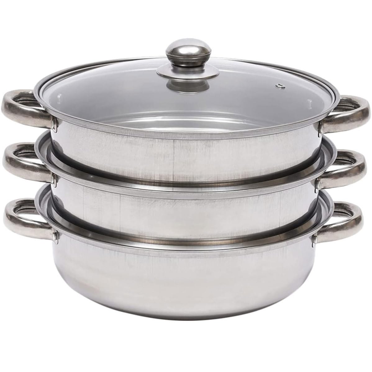 Ciieeo Vaporera Inoxidable de 3 Niveles de Acero Inoxidable Diseño Multi-capa y Tapa de Vidrio para Cocinar Verduras, Mariscos y Carnes al Vapor