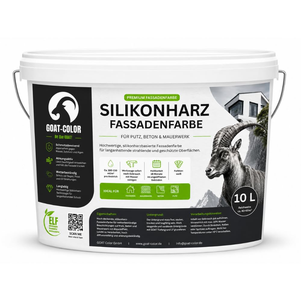 GOAT Silikonharz Fassadenfarbe | Reine Silikonharzfarbe | aktiv gegen Grünbelag (Weiß, 2,5 Liters)
