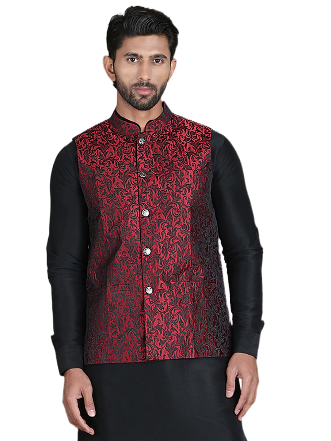jompers Maroon Woven Design Nehru Jacket For Men (Maroon, XL)-picture-15