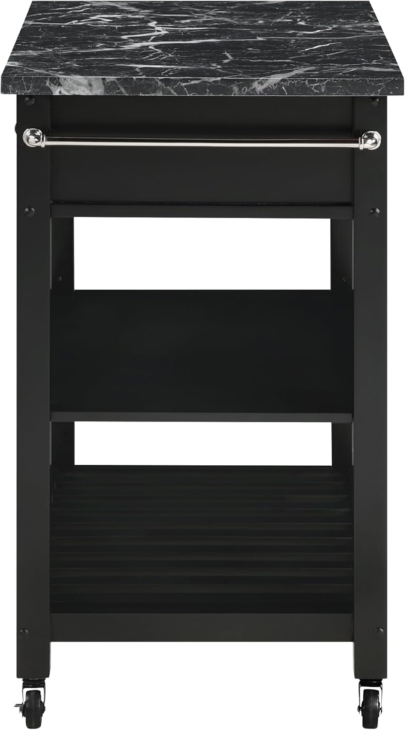 OSP Home Furnishings Litchfield Modern Farmhouse Kitchen Cart, Solid Wood Frame with Storage Drawers, Shelves, Locking Casters, Black with Faux Marble Top