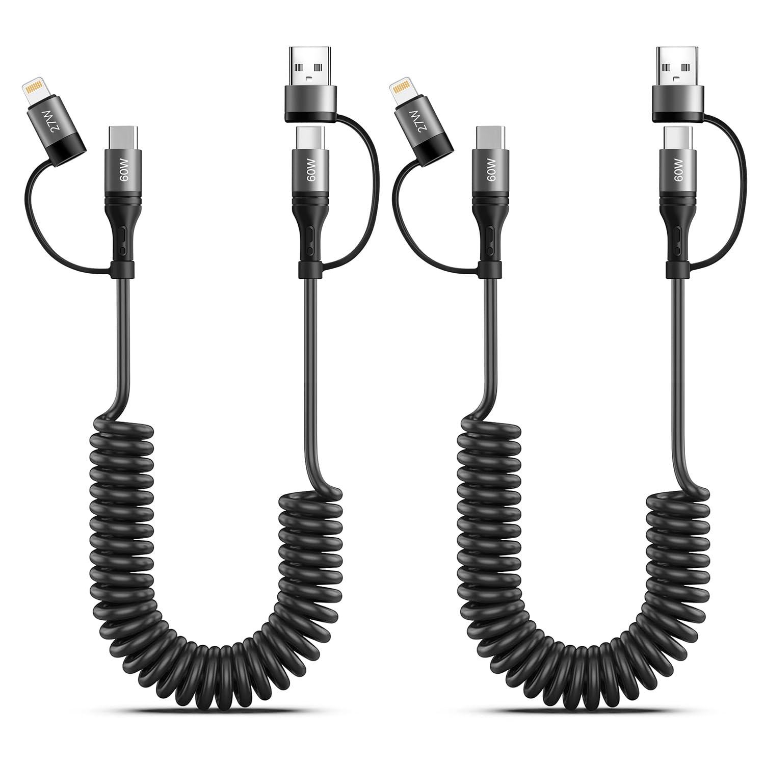 Miger 60W Coiled USB C Cable,4 in 1 Charging Cable 2Pack 4FT USB-C to Lightning Cable for Car Type C to USBC Fast Charging Cables for iPhone 17/16/15/14/13/12/11 Series/iPad/MacBook/CarPlay