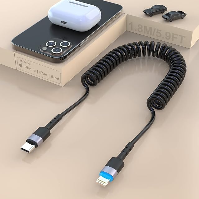 Coiled USB C to Lightning Cable [MFi Certified & CarPlay Compatible], Apple lightning coiled cable 6FT Cord Data Transmission Compatible with iPhone 12 Pro Max/12/13/11 Pro/11/X/8/iPad and More