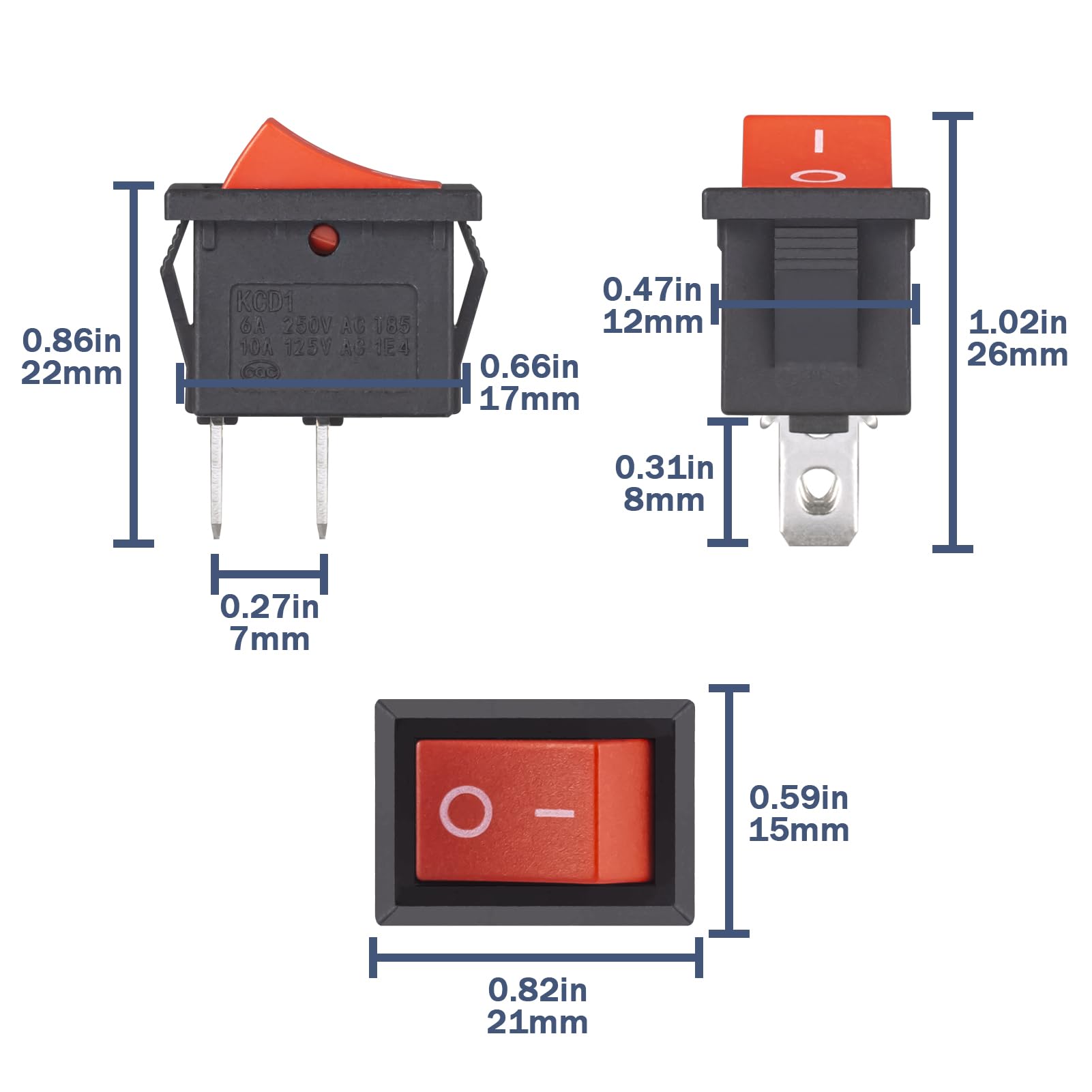 VEXUNGA 10pcs Mini Rocker Switch On Off 2 Pin Boat Rocker Switch 10A 125V 6A 250V AC KCD1 Red Snap-in SPST Toggle Switches Square for Car Marine Home Appliances
