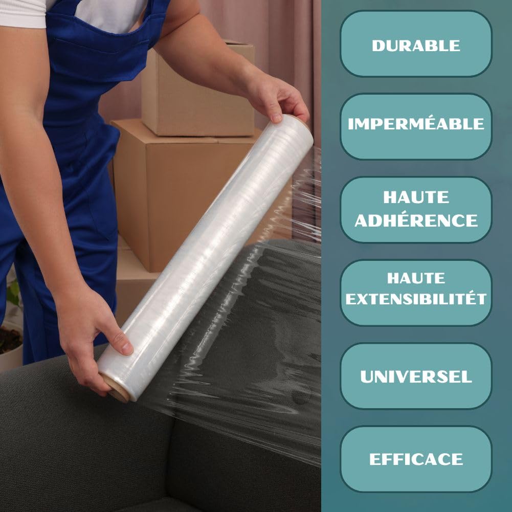 RAGO® Emballage déménagement 300m 4 pièces I Film à palette 9,5 × 9,5 × 40 cm Film déménagement Film emballage transparent I Plastic wrap Film plastique déménagement Rouleau emballage colis