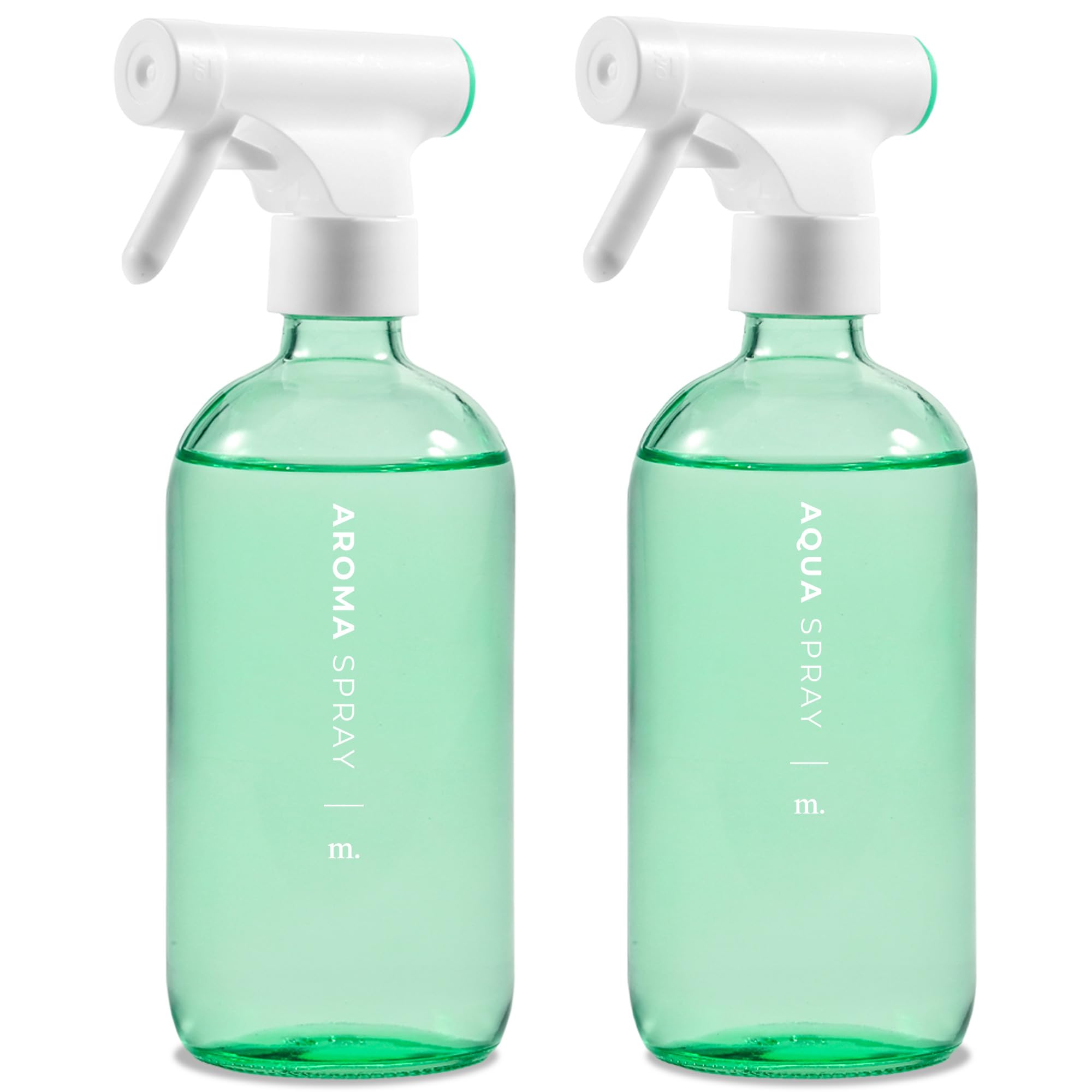 MAISONOVO Water Spray Bottle for Plants Set of 2 - Green 500ml Refillable Glass Spray Bottles Gardening, 16 Labels