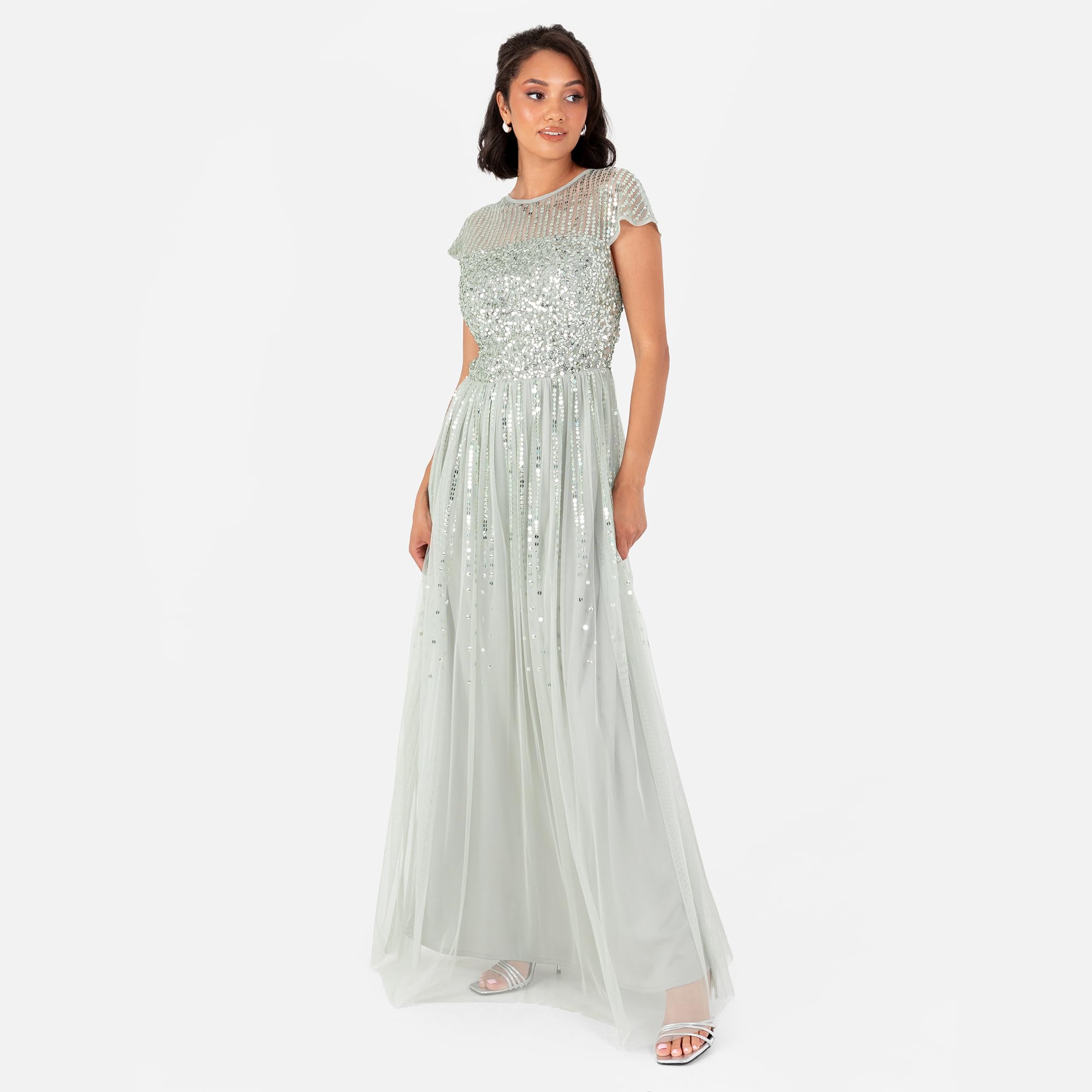 Maya Deluxe Damska sukienka maxi, z okrągłym dekoltem, z paskiem w paski, z haftowaną koszulką, z motywem nagrody A-line, Green Lily, 36