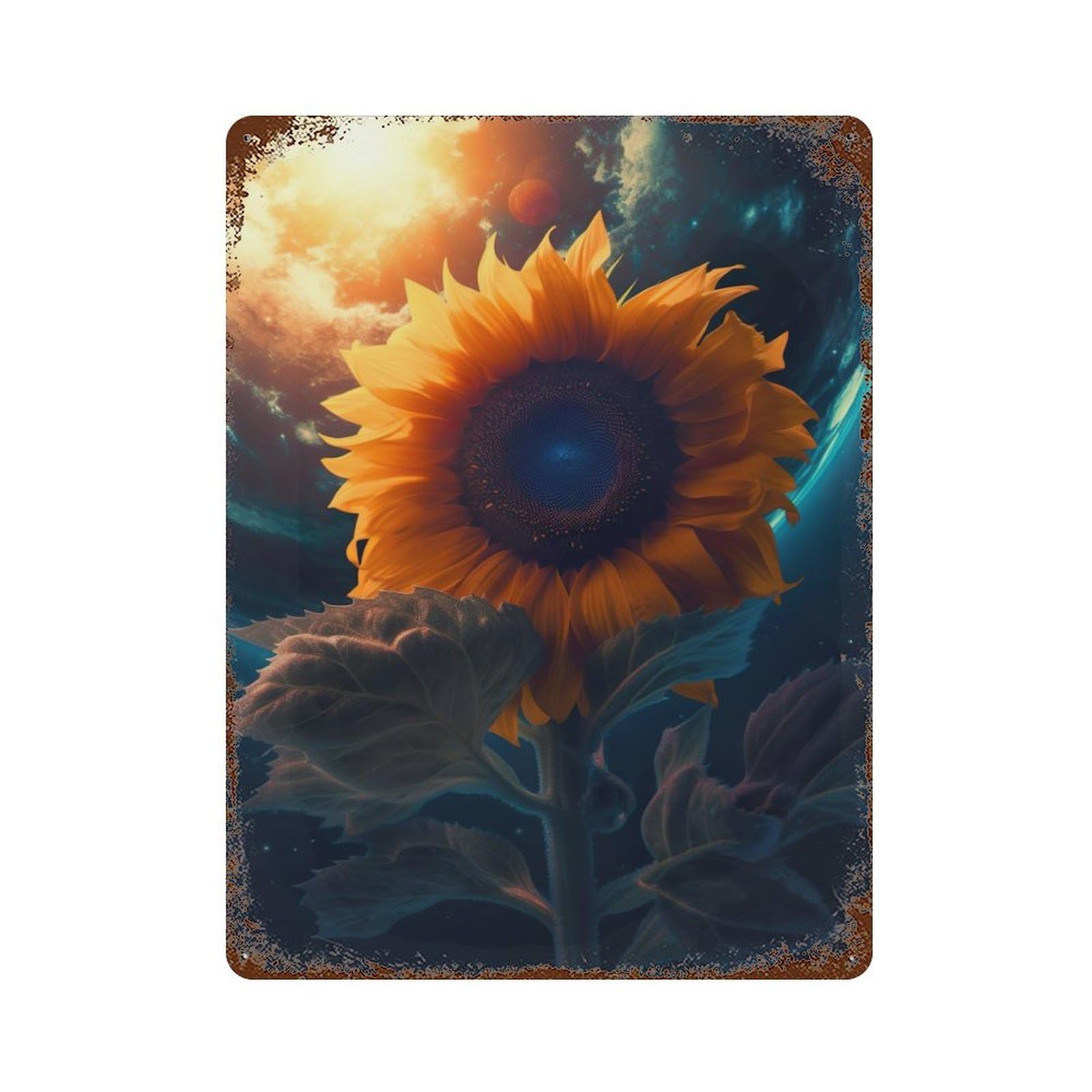 Vintage Rust Metal Sign Sunflower Earth Sun Moon 15.7"x11.8", Shabby Chic Decor for Cafe, Home Bar And Lounge Decor