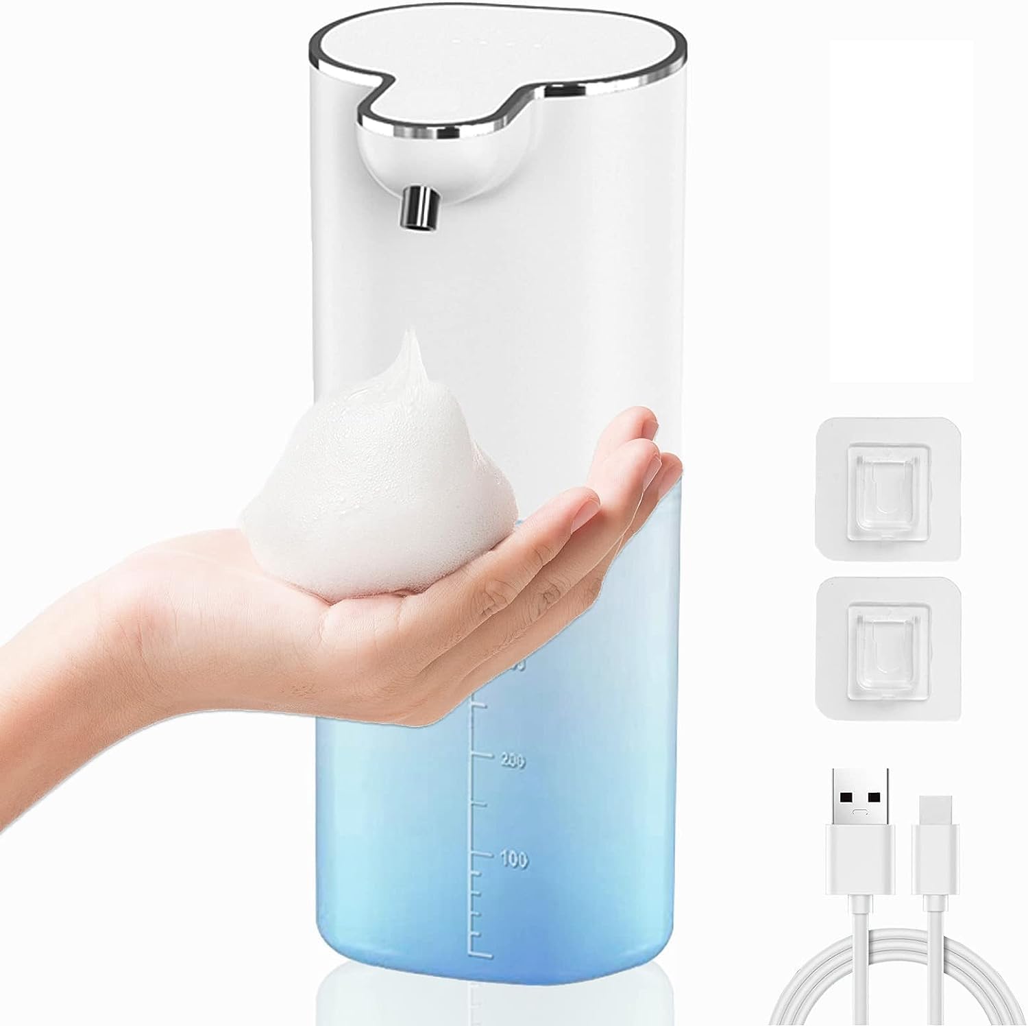 Automatic Soap 400 ml, Non-Contact Wall Mounted Rechargeable Foam, 4 Adjustable Volumes, IPX5 Electric with Infrared Motion Sensor - Automatic Cleaning