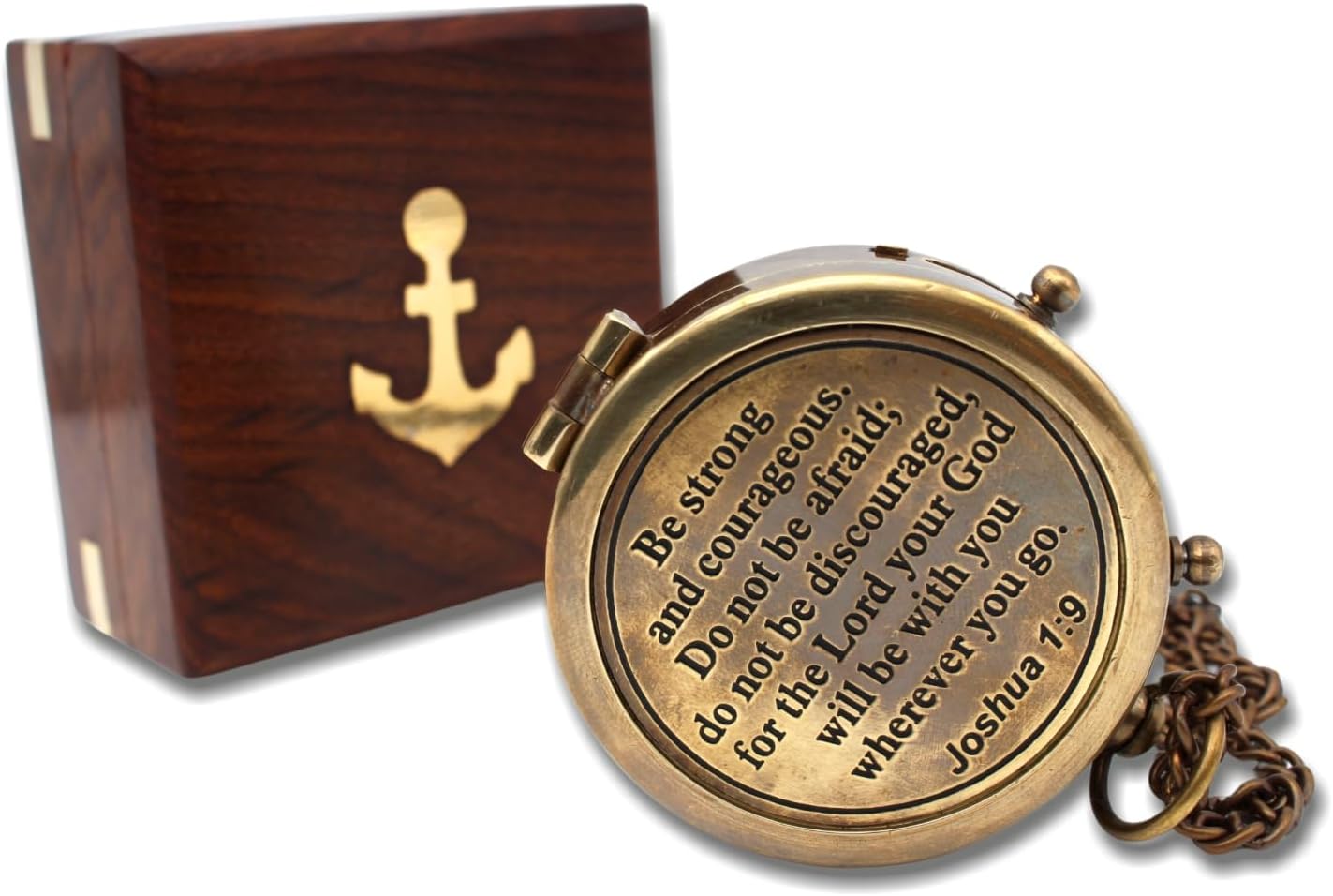Be Strong and Courageous, Do Not Be Afraid Brass Engraved Compass with Stamped Wooden Case – Inspirational Birthday, Confirmation, and Baptism Gifts