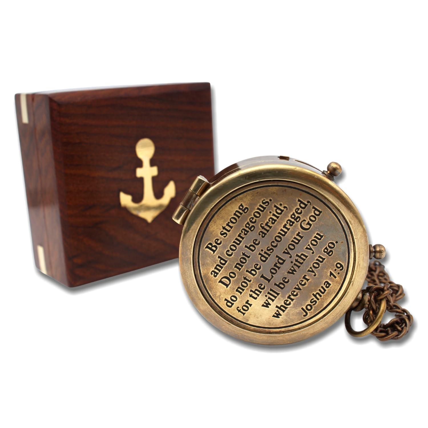 - Be Strong and Courageous, Do Not Be Afraid Brass Engraved Compass with Stamped Wooden Case – Inspirational Birthday, Confirmation, and Baptism Gifts