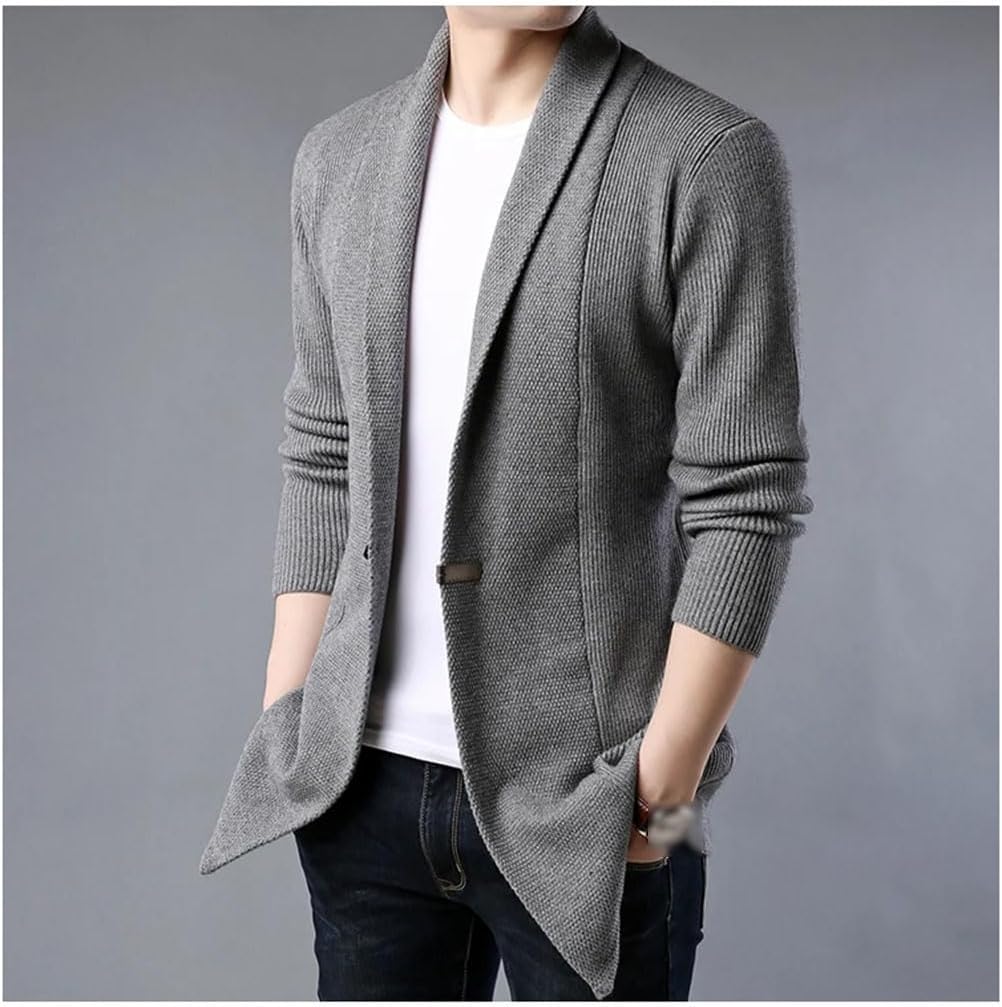 Men's Korean Cardigan Sweater Long Sleeve Slim Fit Woolen Knitted Jacket Business Casual Gentleman Coat