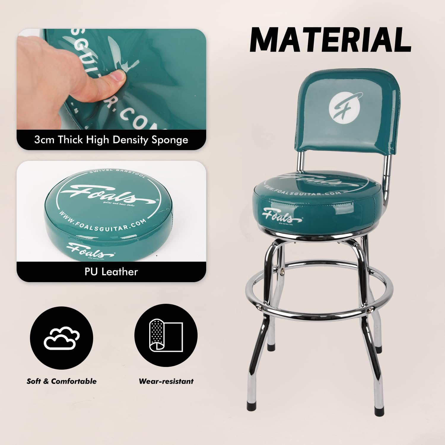 FOALS 24-Inch Guitar Stool, 360° Swivel Bar Stools with Ergonomic Backrest, PU Leather Padded Non-Slip Round Seat for Adults, FBS-24 (Green)