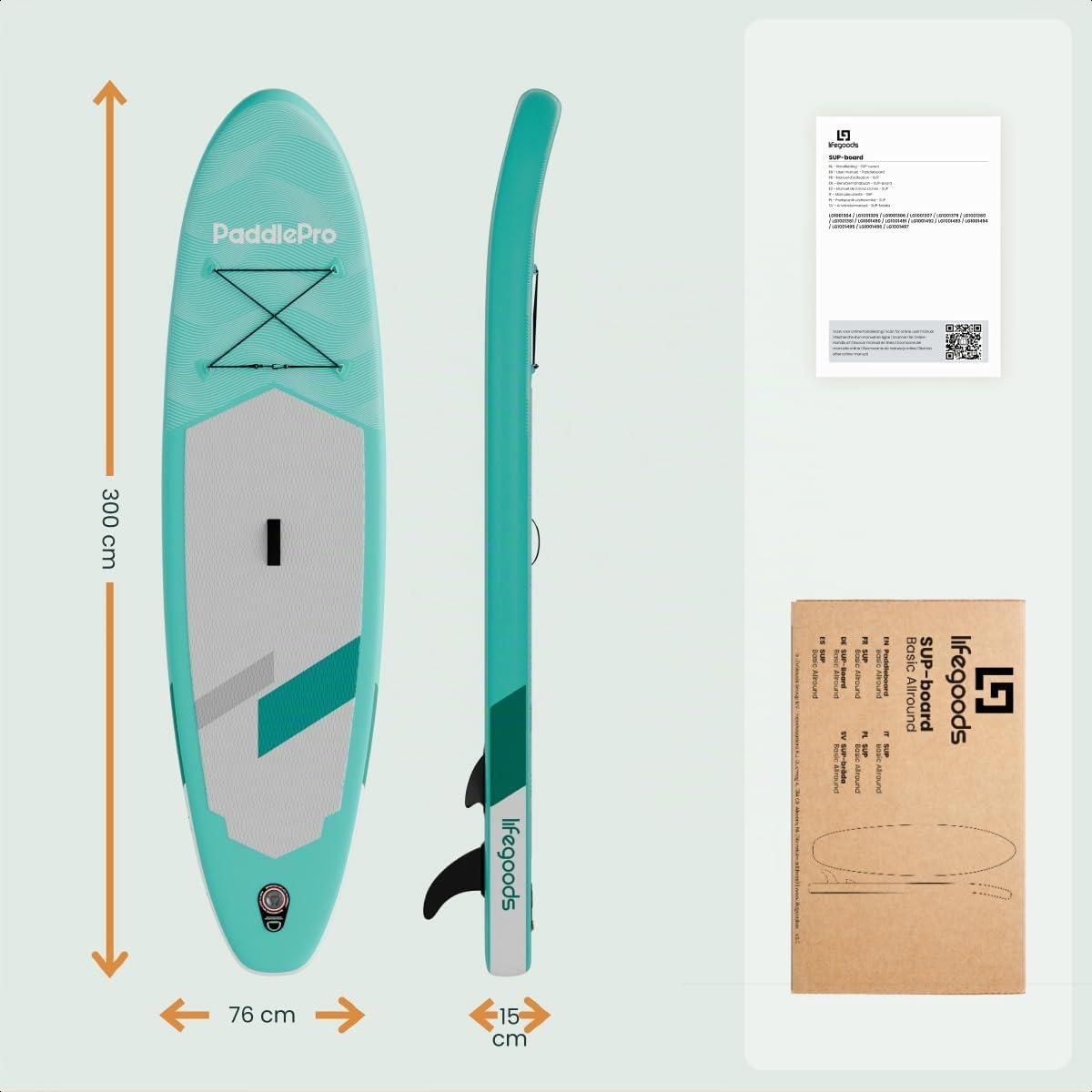 LifeGoods Paddle Gonflable Adulte - Stand Up Paddle Board - Set Complet - Pagaie Réglable - Pompe Incluse - Max. 100KG - 300x76x15cm