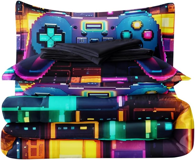 5 Pieces Geometry Gaming Comforter Set Twin,Gaming Bedding Set for Boys,Twin Kids Bedding Set for Boys,Kids Bedding Set 5 Pieces - Image 4