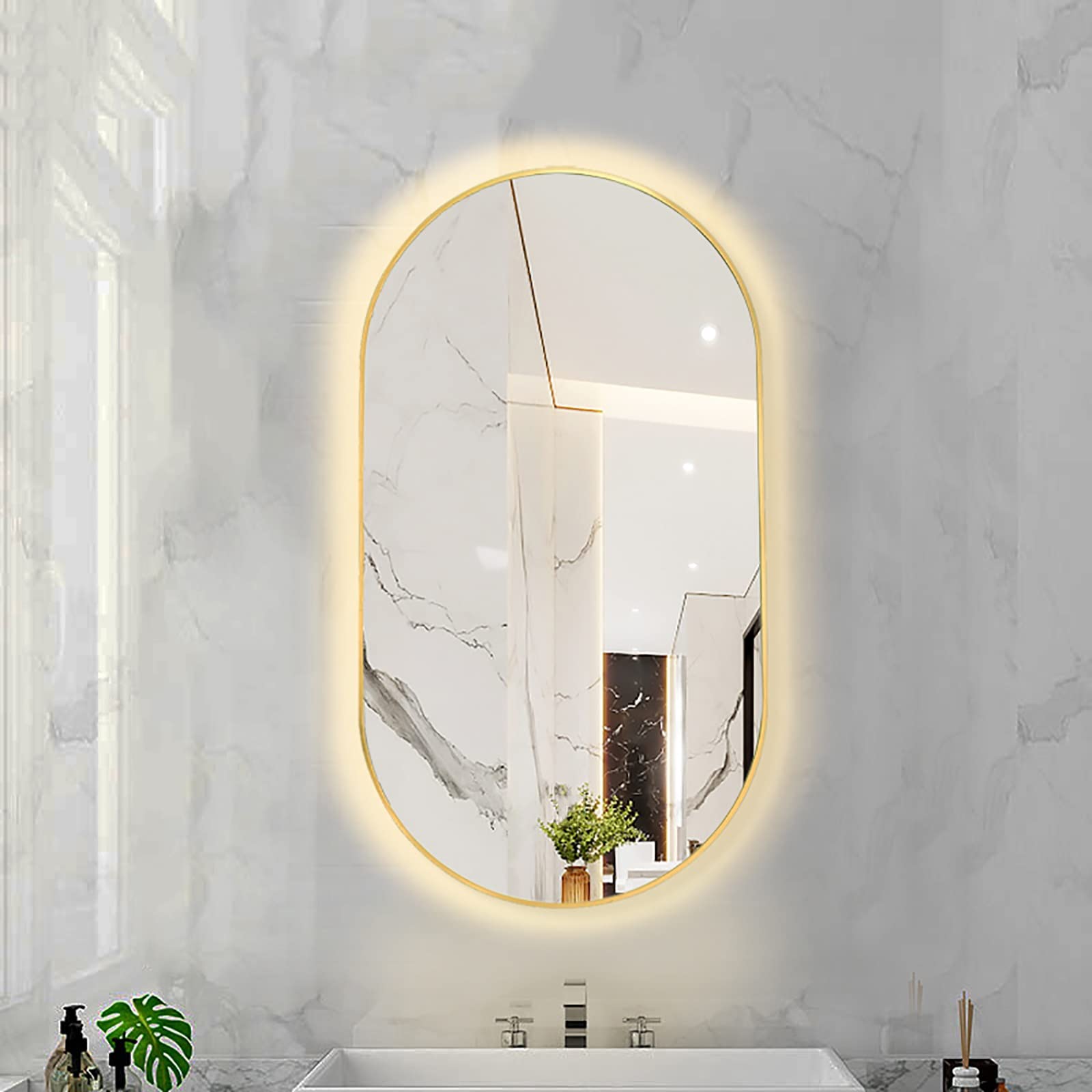 FGXHHS LED Oval with Metal Frame, Backlit Illuminated Lighted Wall Hanging Vanity for Bedroom Entryway (Color : Gold Frame - Warm Light, Size 40X70CM)