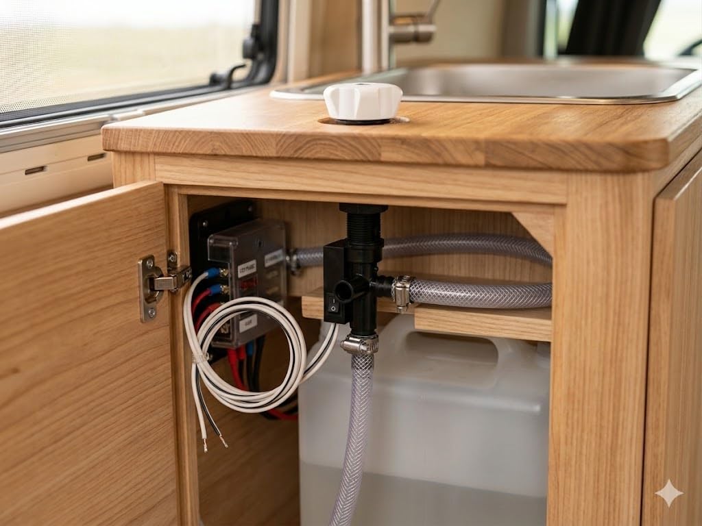 CR-MOESANCO® Robinet de douche sous table avec interrupteur 12 V/24 V pour caravane et camping-car, kit de montage 17 mm avec 2 colliers inox, porte-tubes universel 8-10 mm (blanc)