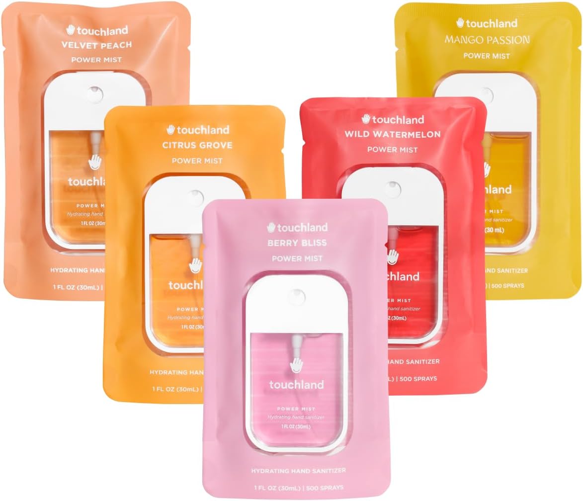 Touchland Hydrating Hand Sanitizer Spray – Juicy 5 Set (Citrus Grove, Berry Bliss, Wild Watermelon, Peach, Mango Passion) – 5 x 1 FL OZ Travel Size Mists
