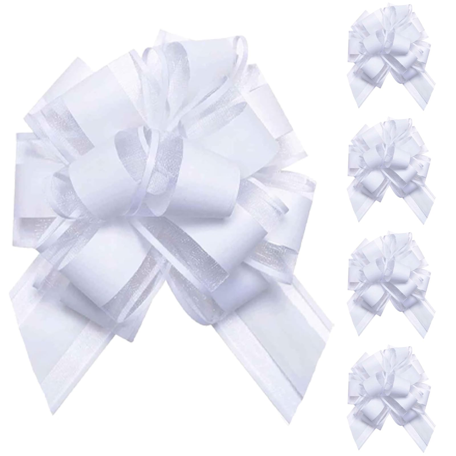 Tim&Lin 5 PCS Pull Bows 7 inches (17.7 cm) Large Gift Bows White Gift Wrap Bows Party Gift Ribbon Bows for Gift Baskets Wrapping Boxes or Flower Decorations