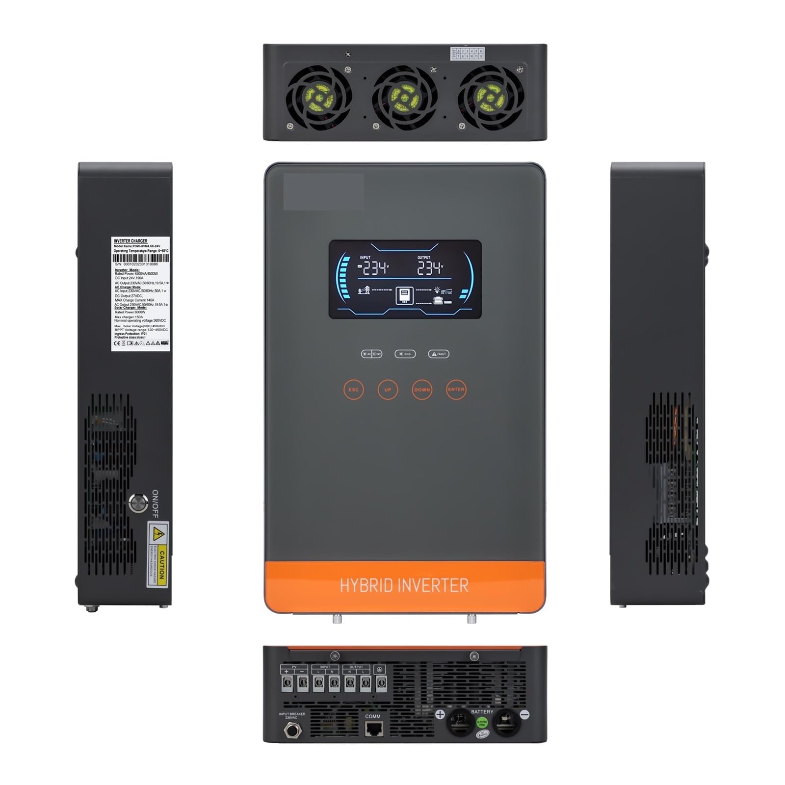 Kontroler ładowania 4500W 6500W hybrydowy inwerter słoneczny 24V 48V 230VAC off-grid z ładowarką słoneczną MPPT 150A 6.25 Cal przycisk dotykowy(4500W 24V,Without WiFi)