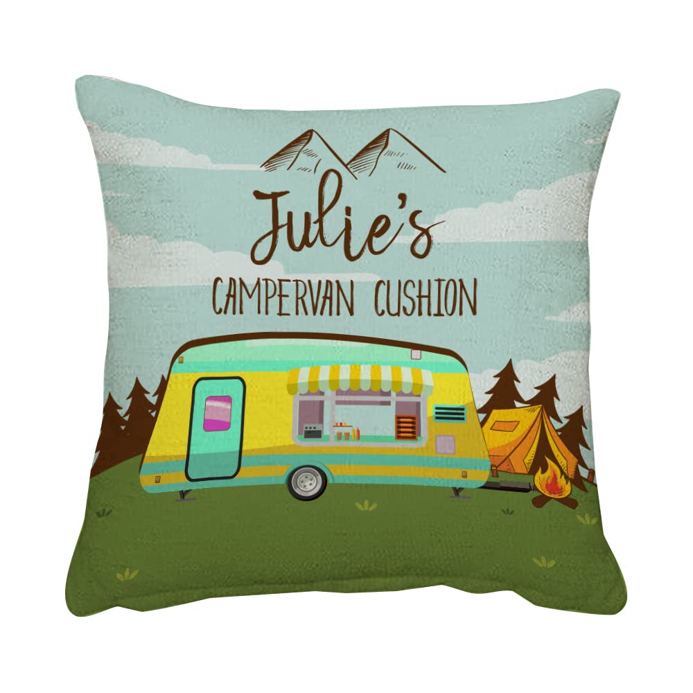 Getagift Personalised Campervan Cushion Home Décor, Linen Throw Pillow/Cushion Happy Campers, Friend, Family, Birthday, Vacation, Holiday. (Linen Cushion Cover)