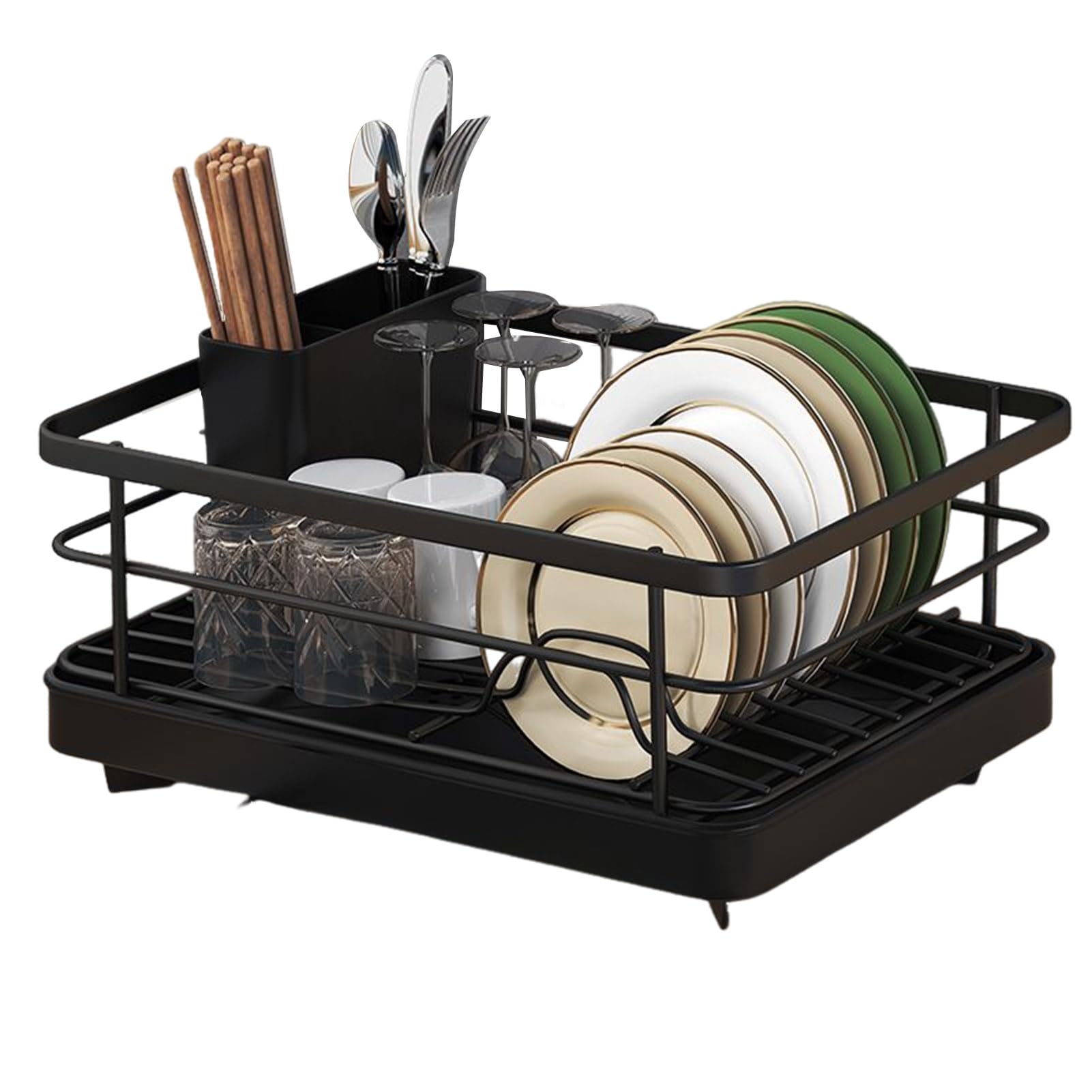 Tacarlha Dish Drying Rack,Dish Drying Rack- Space-Saving Dish Rack,Dish Racks for Kitchen Counter,Stable Auto-Drain Easy to Install Space-Saving Kitchen Counter Dish Rack with Cutlery Holder Black