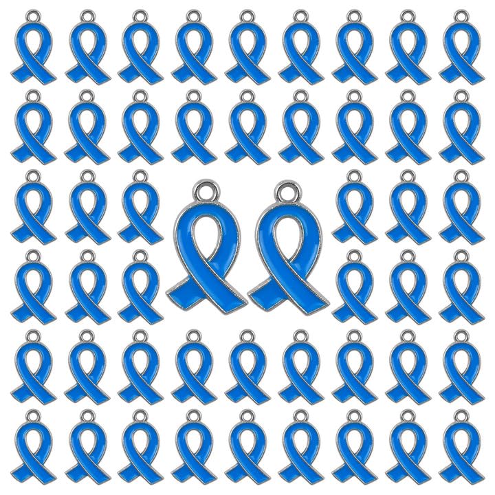 WANDIC 50 Pcs Blue Ribbon Pendants Colon Cancer Prostate Cancer Colorectal Cancer Hope Awareness Alloy Ribbon Charms for Jewelry Making
