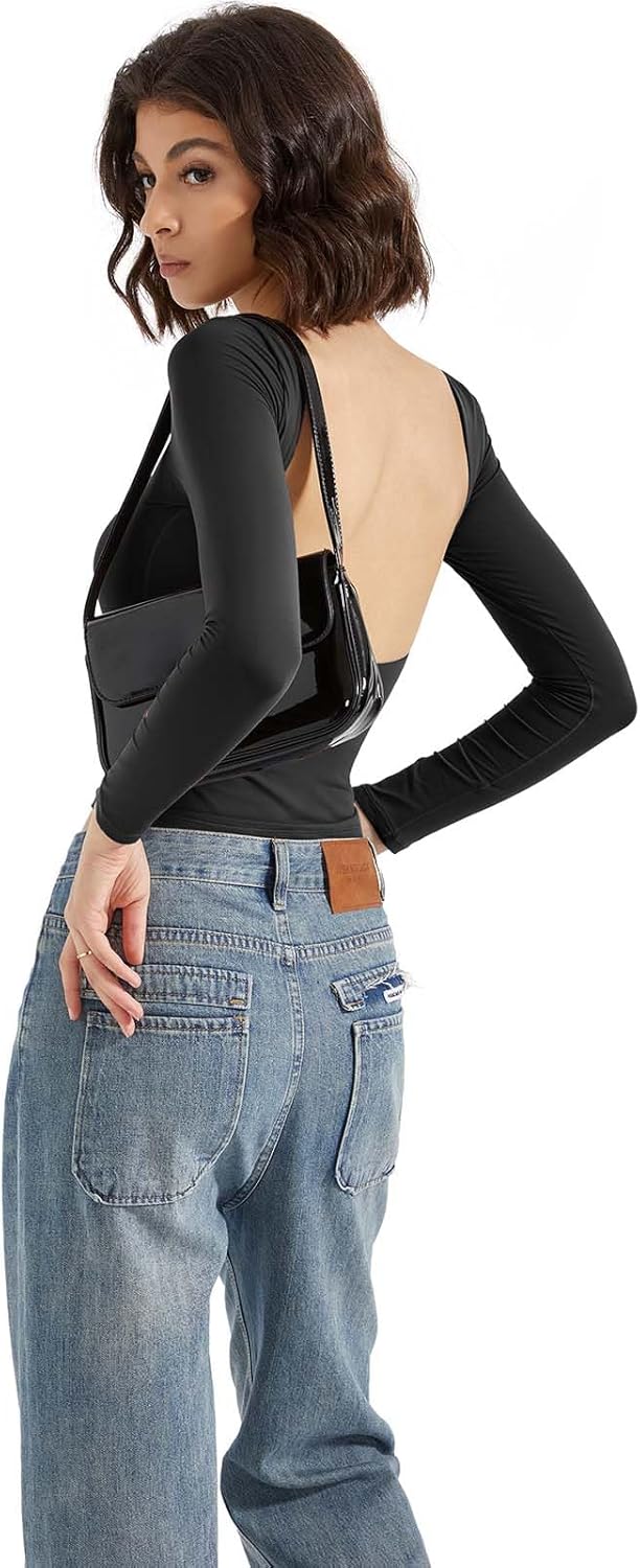 SUUKSESS Women Backless Going Out Tops Double Lined Open Back Basic Long Sleeve - Image 5