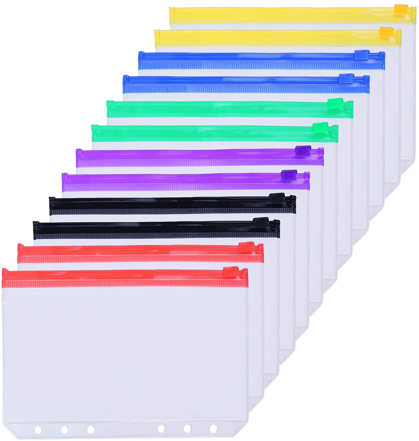 DELFINO Binder Pouches, 12 Pcs A5 Size 6 Holes Zipper Binder Pouch Folders, Waterproof PVC Pouch Document Filing Bags, Multicolor