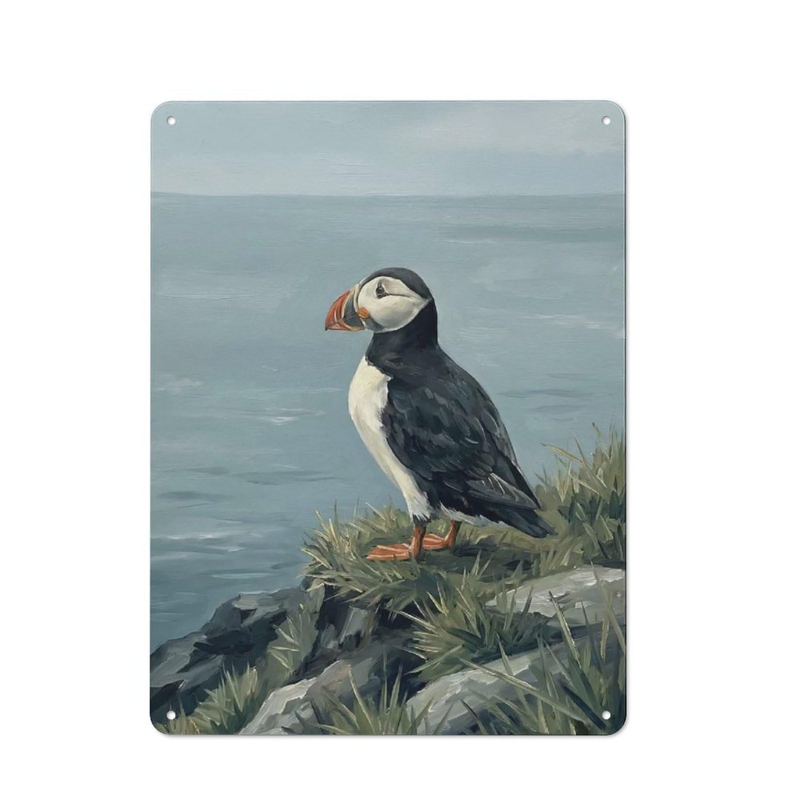Junmoney Style-11 Workshop Style Garage Metal Sign 40X30cm Featuring Puffin On A Cliff Overlooking The Ocean, Industrial Wall Art For Garage, Hobby Room, Office Or Man Cave