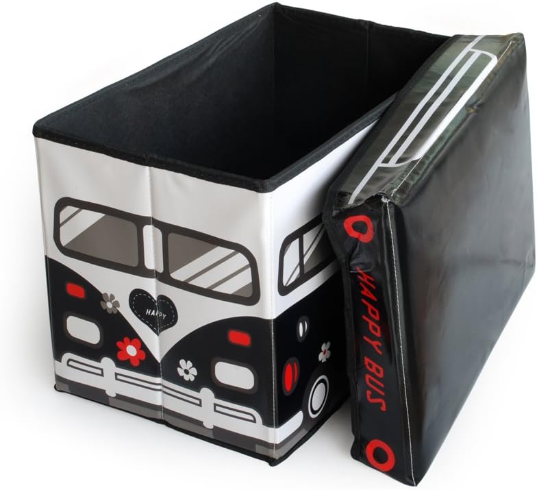 [Happy Bus - Black] Rectangle Foldable Faux Leather Storage Ottoman / Storage Boxes / Storage Seat