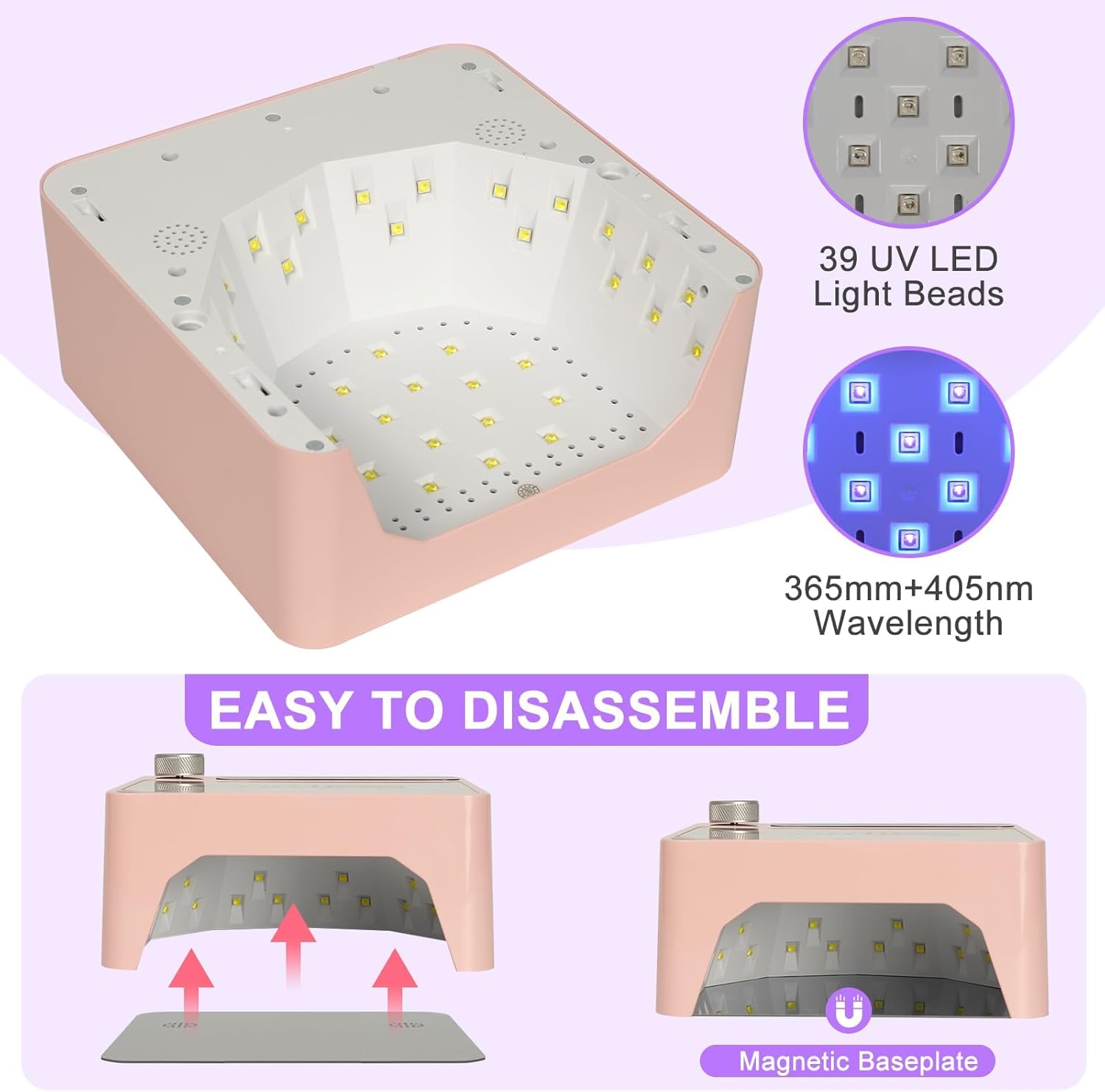 Rechargeable Cordless UV LED Nail Lamp, 86W UV Nail Light for Gel Polish & Acrylic Nails, Fast Curing Nail Light for Gel Nail, Metal Mirror Bottom, Auto Sensor, 39 LED Beads, Salon & Home Use (Pink)