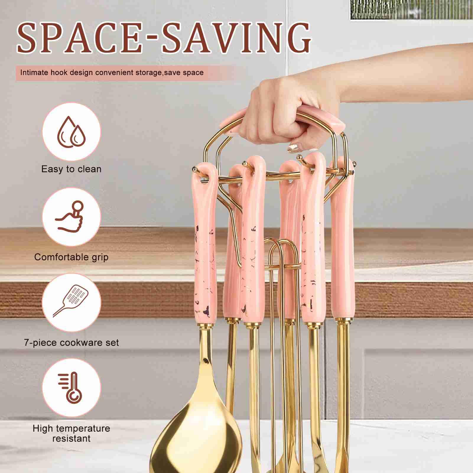 Luocute Set di Utensili da cocina da 7 Pezzi, Utensili da cocina in Acciaio Inossidabile con Manico in Ceramica con Design Lucidato a Specchio, per Uso Domestico Elegante Collisione di