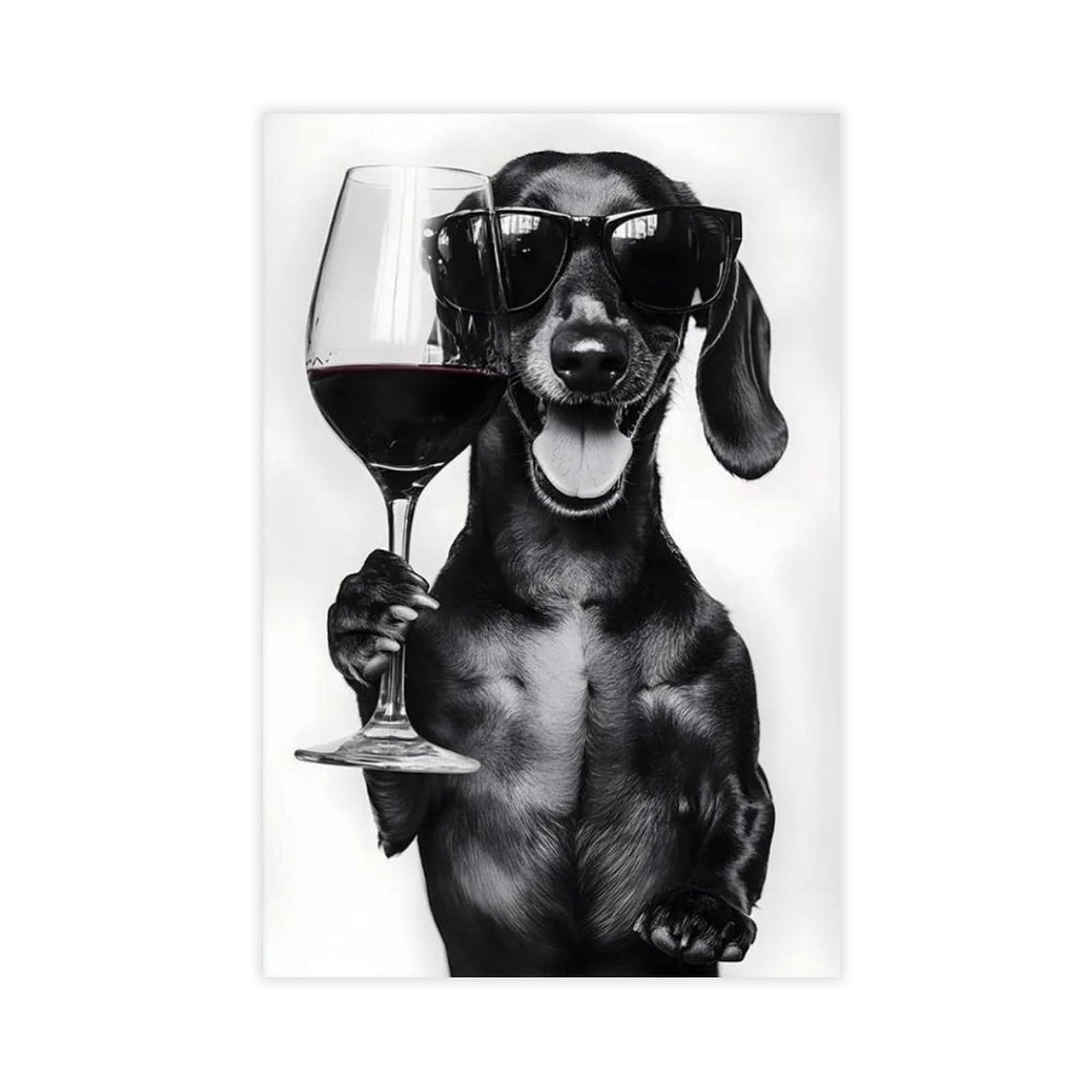 BNCEDJK Dachshund Dog Drinking Wine & Wearing Canvas Poster Bedroom Decor Landscape Decor Gift 16x24inch(40x60cm)