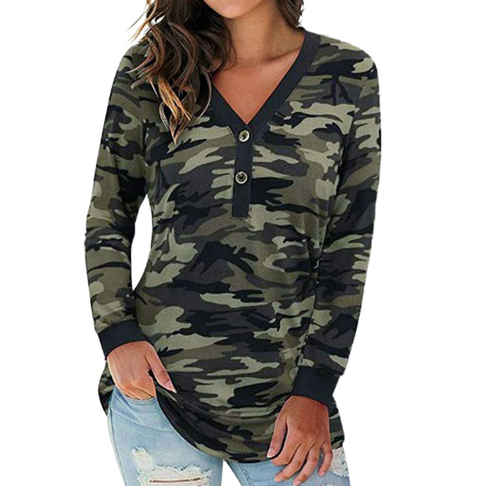Womens Blouses Size 16 UK, UK Sale Casual Loose Womens Long Sleeve V Neck Button Henley Camo Leopard Tops Casual Loose Tunic Blouse T Shirt Short Sleeve T Sweatshirt Hoodies